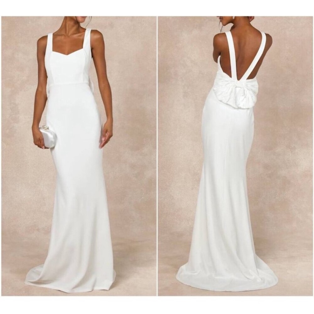 NWT- Romantic Glow White Backless Pearl Bow Wedding Gown Maxi Dress